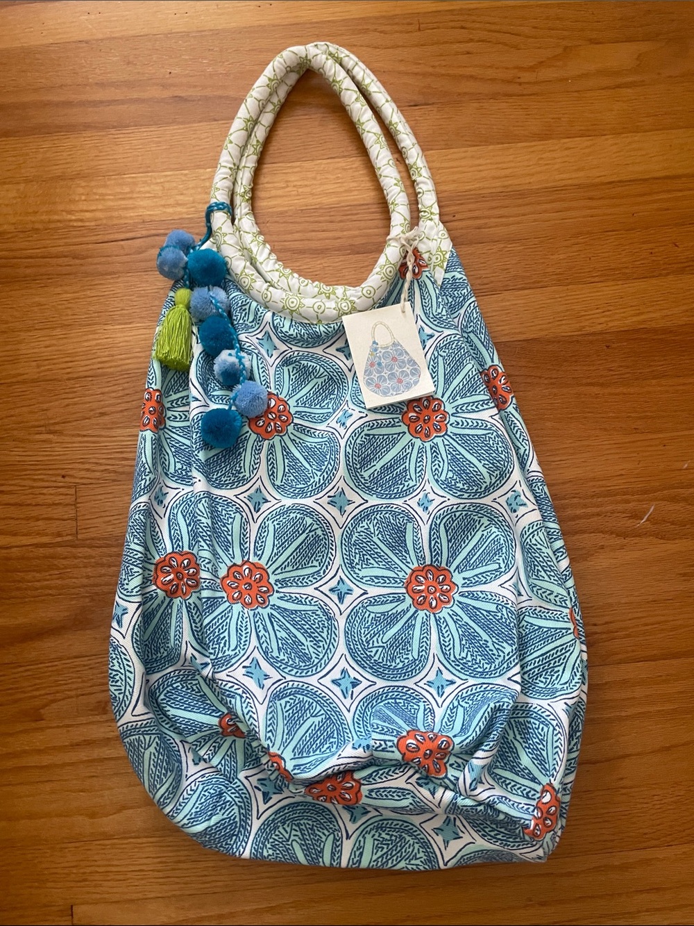 RARE/NWT John Robshaw Teal Floral Tote with Orange Accents and Blue Pom Charm